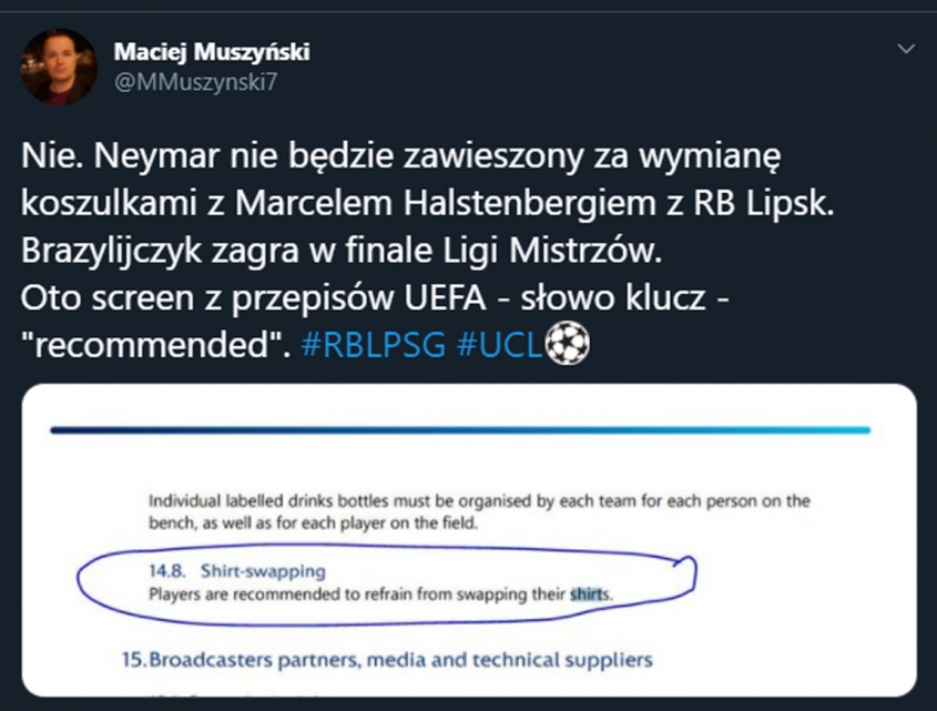 Neymar nie zagra w finale przez wymianę koszulki? Oto protokół UEFA...